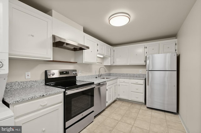 kitchen with under cabinet range hood, white cabinetry, and stainless steel appliances