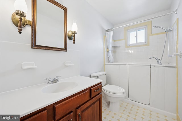 full bath with a tub to relax in, toilet, vanity, tile patterned floors, and walk in shower