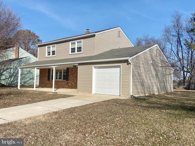 traditional home featuring a porch, an attached garage, brick siding, concrete driveway, and a chimney