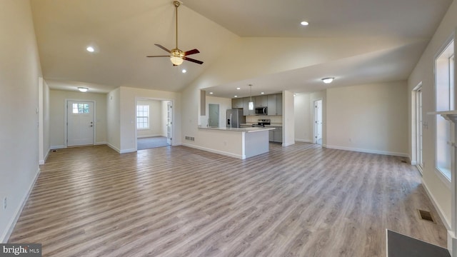 unfurnished living room featuring high vaulted ceiling, visible vents, light wood-style flooring, and baseboards