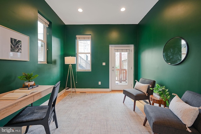 office featuring recessed lighting and baseboards