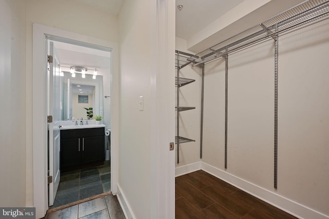 spacious closet with a sink and dark wood finished floors