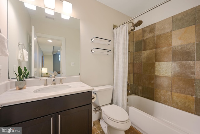 full bath with toilet, visible vents, shower / bath combination with curtain, and vanity