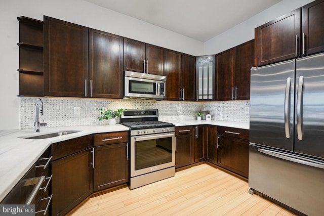 kitchen with stainless steel appliances, a sink, light countertops, decorative backsplash, and open shelves