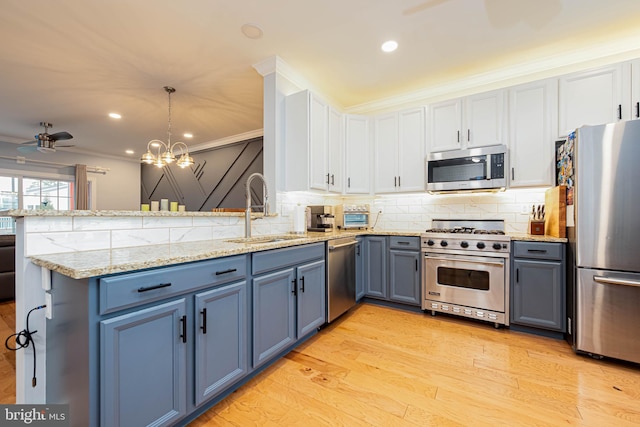 kitchen with decorative backsplash, appliances with stainless steel finishes, a sink, light wood-type flooring, and a peninsula