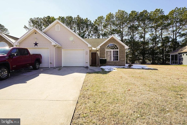 ranch-style house with a garage, a front yard, brick siding, and driveway