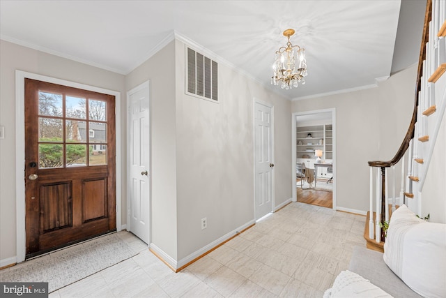 entrance foyer featuring stairs, visible vents, and ornamental molding