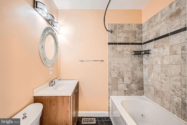 full bath with  shower combination, baseboards, toilet, and vanity