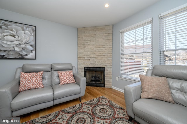 living room with a large fireplace, baseboards, and wood finished floors