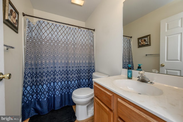 full bathroom featuring curtained shower, vanity, and toilet