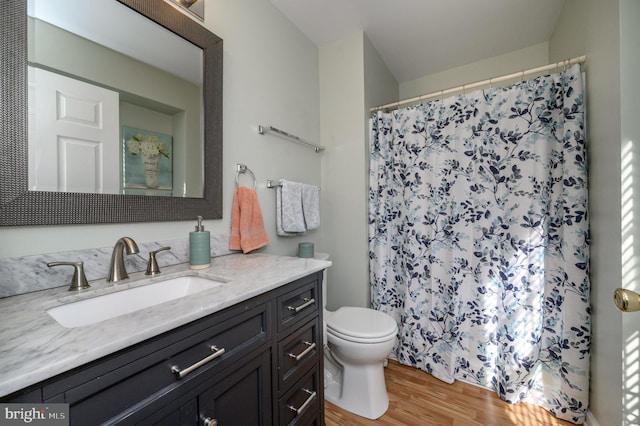 full bathroom featuring toilet, a shower with curtain, wood finished floors, and vanity