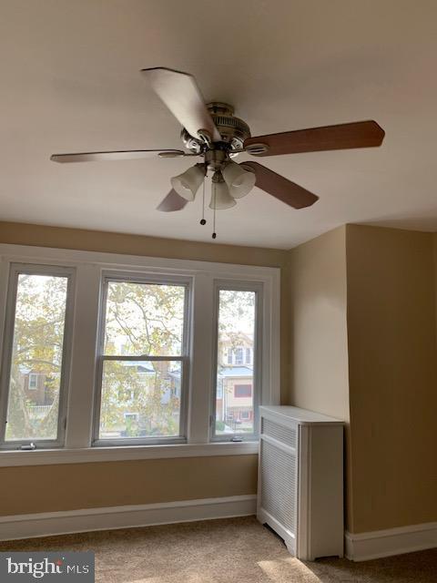 interior details featuring a ceiling fan, carpet, and baseboards