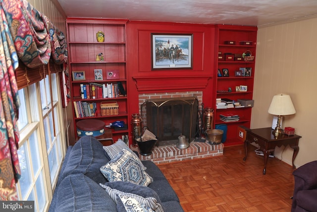 living room with a fireplace