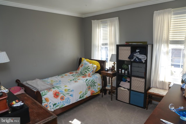 carpeted bedroom with crown molding