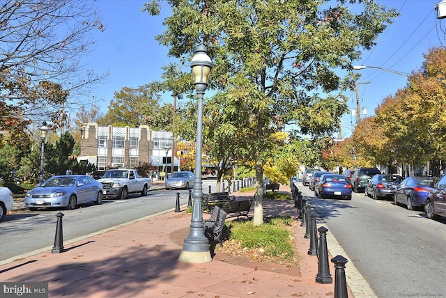 view of street with street lighting, curbs, and sidewalks