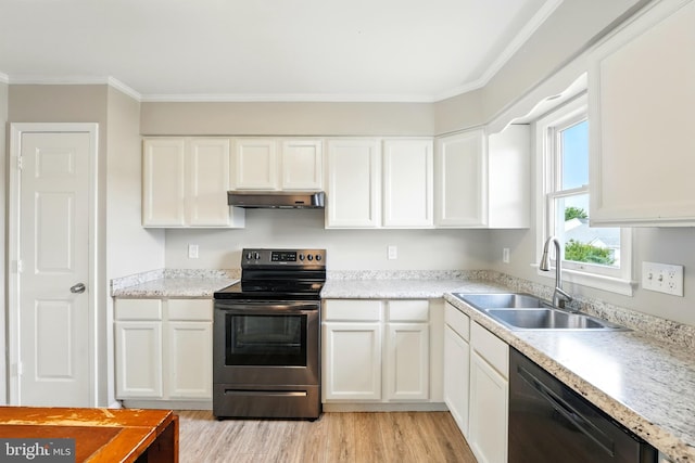 6254 Goulding Ct, Bealeton, VA 22712 - kitchen featuring stainless steel electric range oven, dishwasher, a sink, under cabinet range hood, and white cabinets