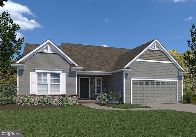 view of front of house featuring an attached garage, stone siding, a front lawn, and concrete driveway