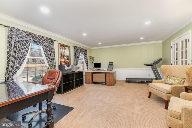 home office with ornamental molding, recessed lighting, and light carpet