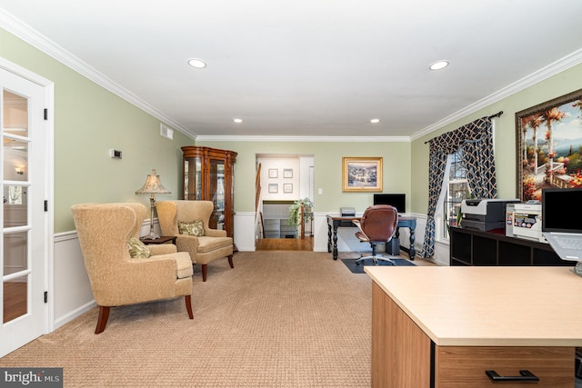 office space featuring light carpet, ornamental molding, and recessed lighting