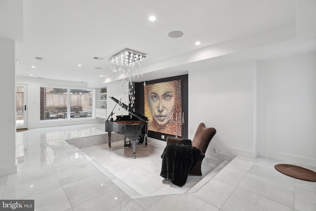 living area featuring tile patterned floors, recessed lighting, visible vents, and baseboards