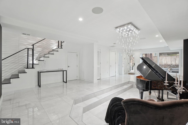 interior space with recessed lighting, stairway, visible vents, and a chandelier