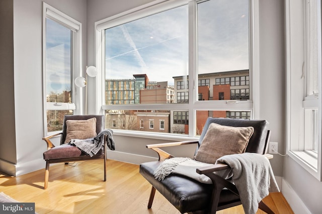 living area featuring light wood finished floors, plenty of natural light, and baseboards