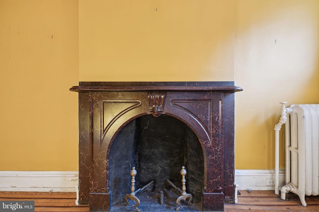 interior details featuring radiator heating unit and wood finished floors