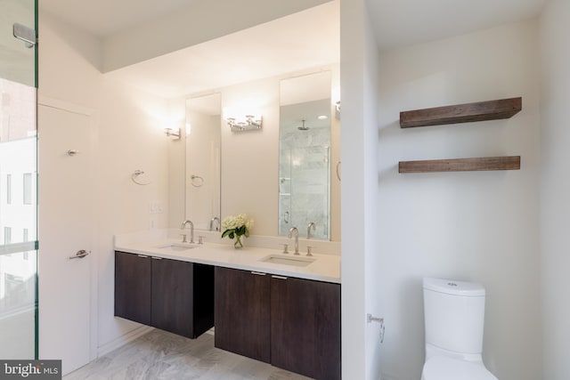 bathroom featuring double vanity, a stall shower, toilet, and a sink