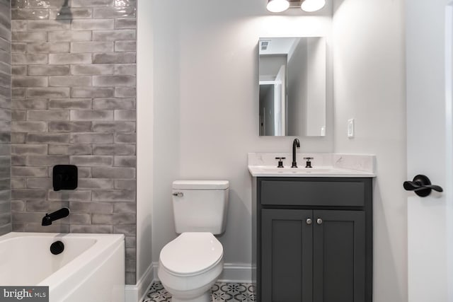 full bath with visible vents, shower / bath combination, toilet, vanity, and baseboards
