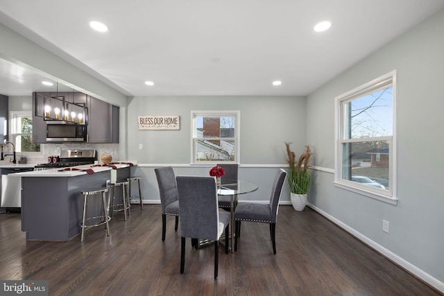 dining room featuring dark wood-style flooring, plenty of natural light, and baseboards