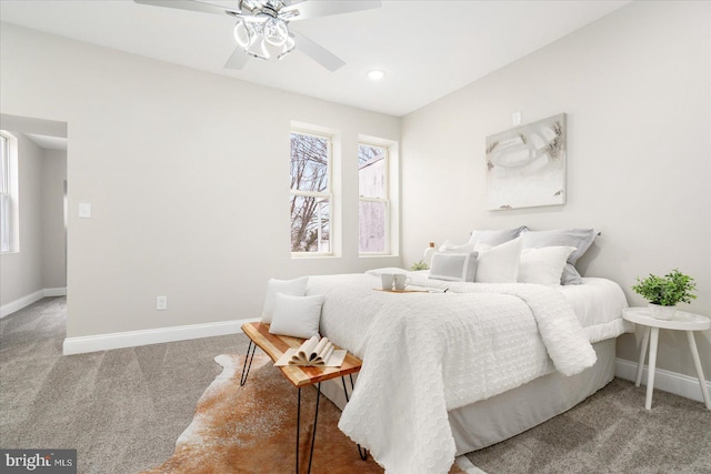 bedroom with carpet floors, ceiling fan, baseboards, and recessed lighting