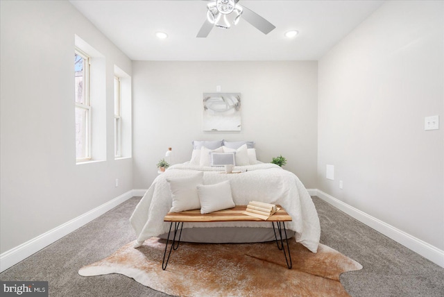 bedroom with carpet floors, recessed lighting, a ceiling fan, and baseboards