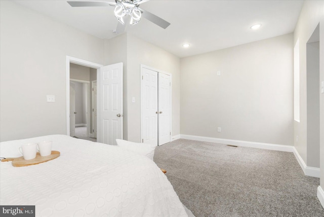 bedroom with carpet, baseboards, ceiling fan, and recessed lighting