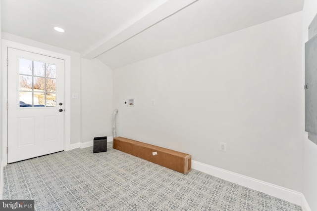 unfurnished room with vaulted ceiling with beams, baseboards, and recessed lighting