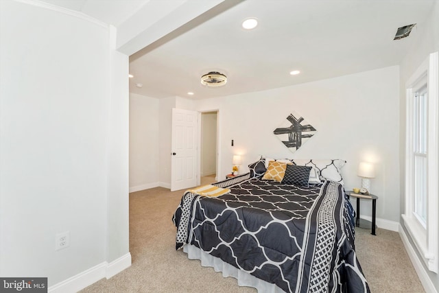 bedroom with baseboards, recessed lighting, and light colored carpet