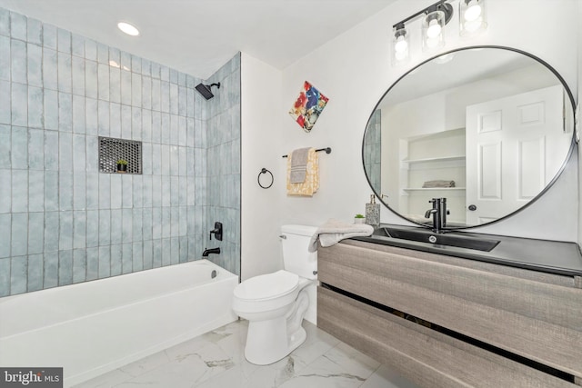 full bath with marble finish floor, tub / shower combination, vanity, and toilet