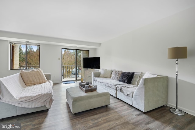 living area featuring plenty of natural light, baseboards, and dark wood finished floors