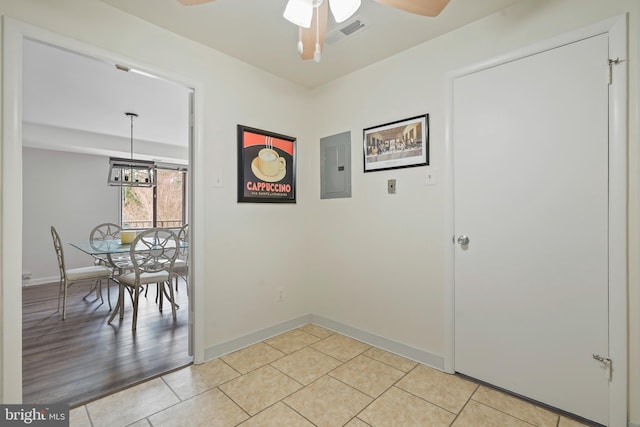 unfurnished dining area featuring ceiling fan, light tile patterned floors, visible vents, and electric panel