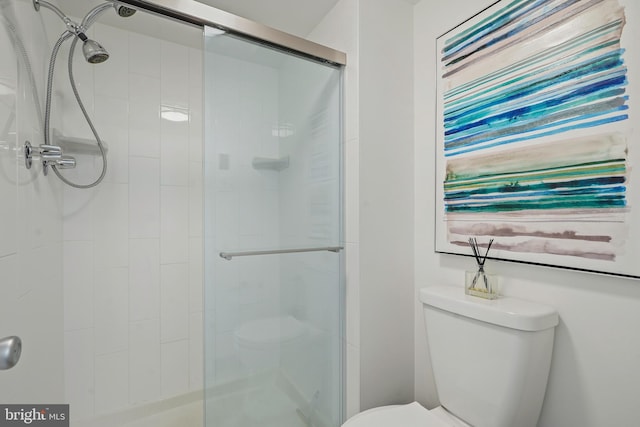 full bathroom featuring a shower stall and toilet