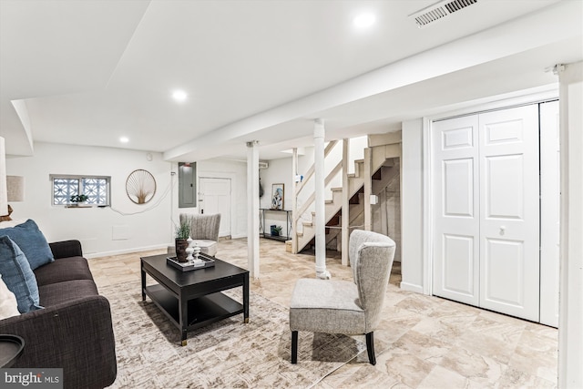 living room featuring recessed lighting, visible vents, electric panel, baseboards, and stairs