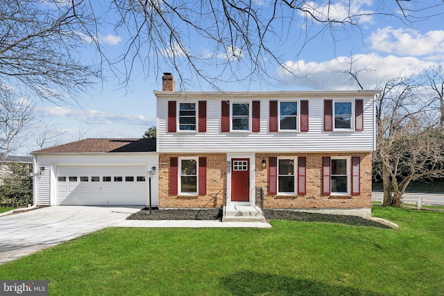 colonial inspired home with an attached garage, brick siding, driveway, a front lawn, and a chimney