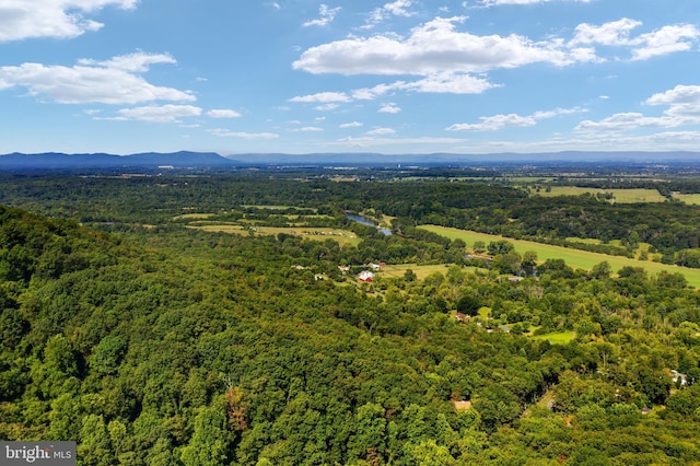 drone / aerial view featuring a mountain view and a view of trees