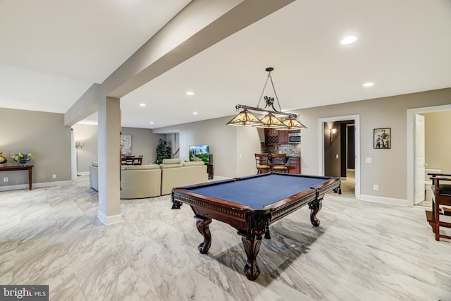 rec room with marble finish floor, billiards, baseboards, and recessed lighting