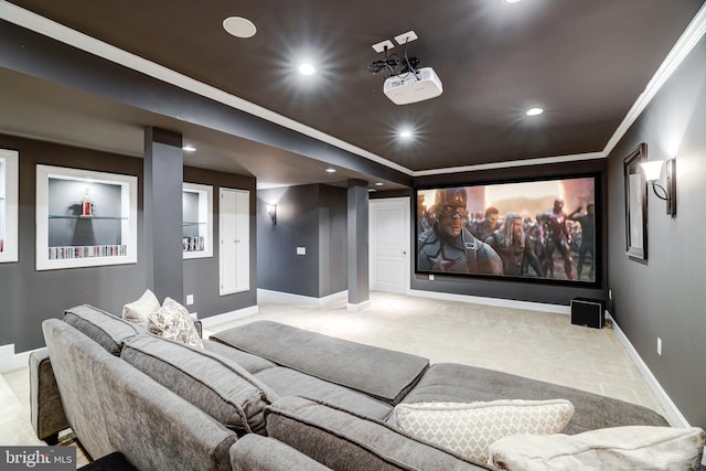 cinema room with carpet, crown molding, baseboards, and recessed lighting