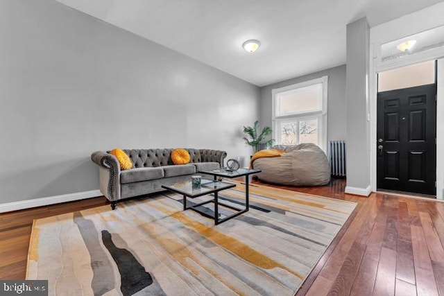 living room featuring radiator heating unit, baseboards, and wood finished floors