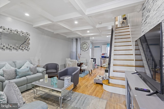 living room featuring coffered ceiling, wood finished floors, stairs, beam ceiling, and recessed lighting