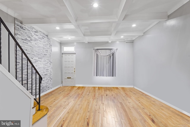 interior space with wood-type flooring, stairs, baseboards, and recessed lighting