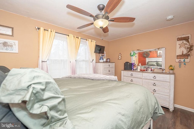 bedroom featuring dark wood-style floors, access to outside, ceiling fan, and baseboards