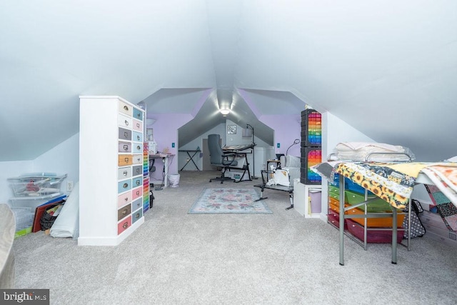 game room with carpet and vaulted ceiling