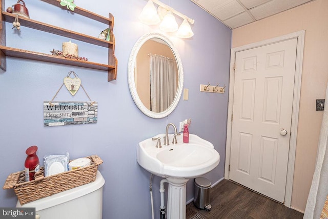 half bathroom featuring toilet, a drop ceiling, and wood finished floors